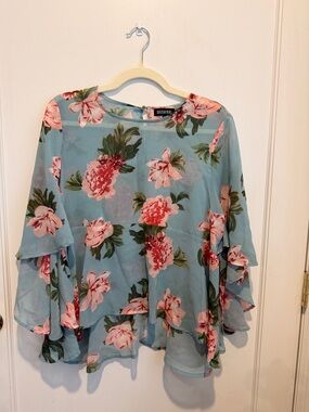Sassafras Light Blue Floral Ruffle Sleeve Blouse